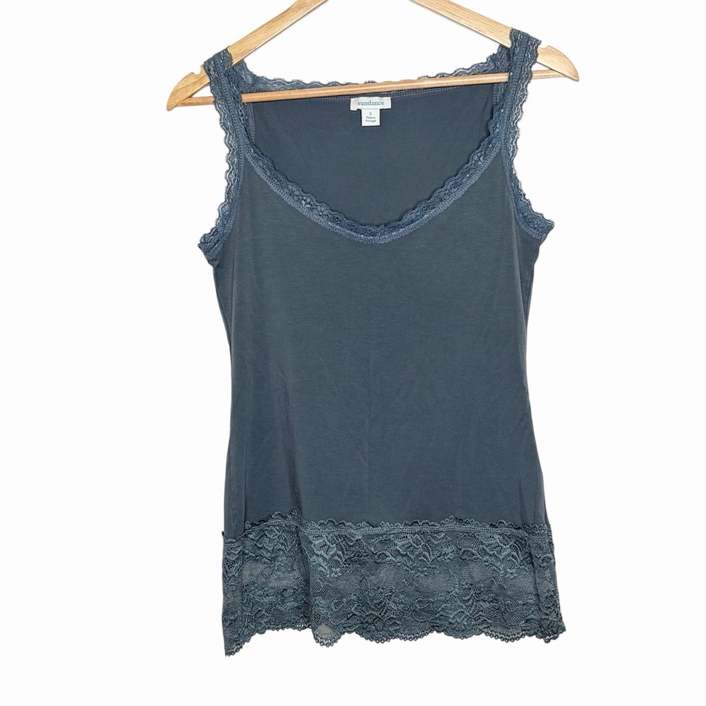 Sundance Lace Trim Tank Top Gray Womens Small Y2K Fairy Coquette Boho Dainty